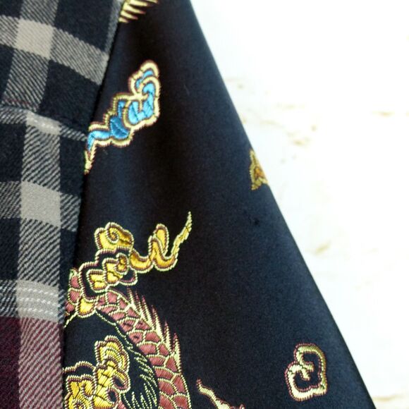 Furst of A Kind Shirt L/XL Plaid Flannel Dragon Satin Sleeves Mixed Media Button - Picture 14 of 15